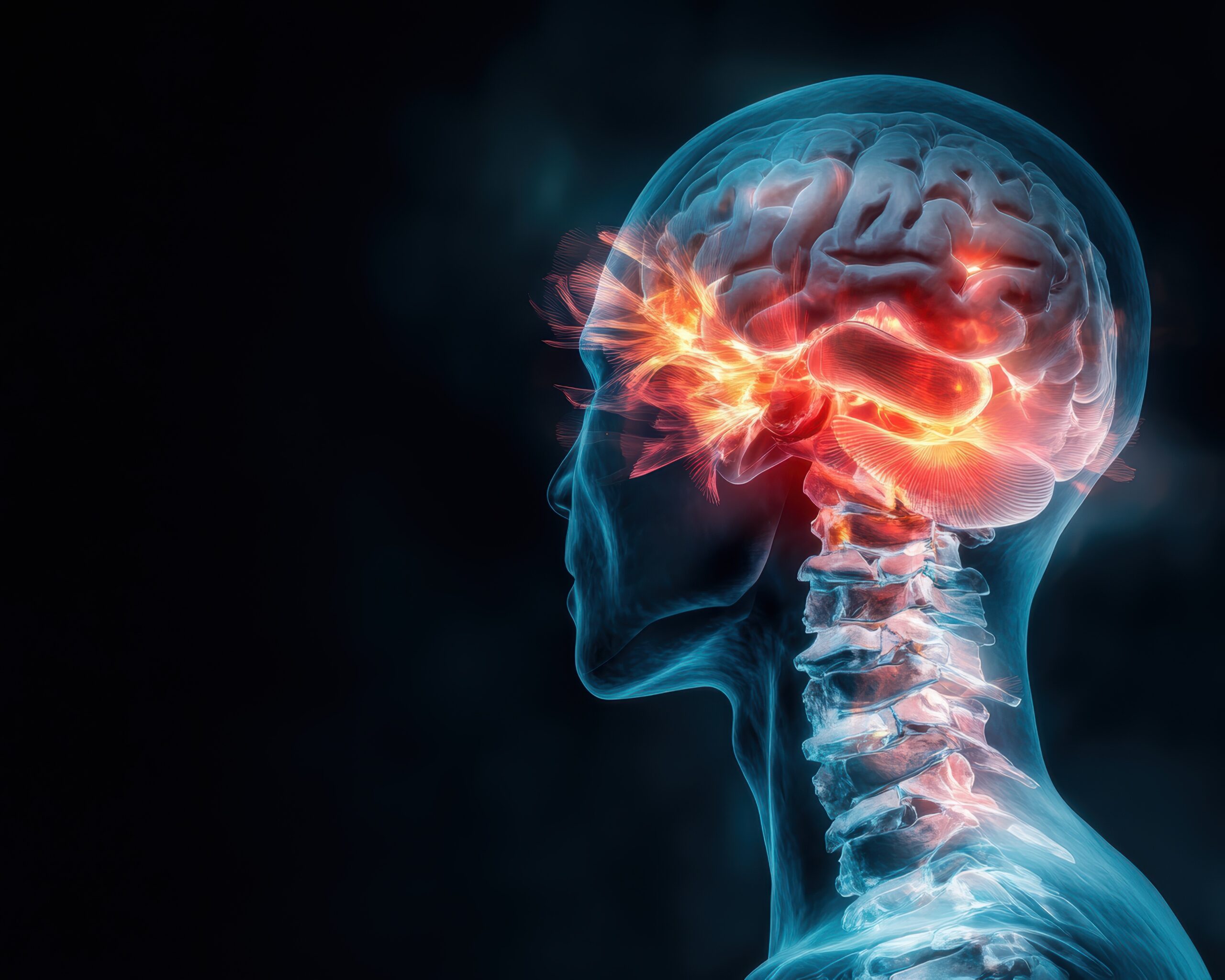 Human brain with glowing neural connections, showcasing the intricate structures of the mind against a dark background.
