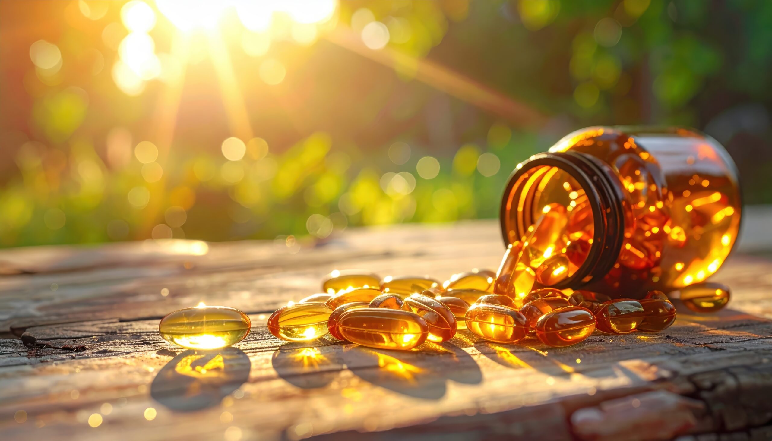 Close-up of golden capsules spilling from a glass bottle on a wooden surface, illuminated by warm sunlight in a natural outdoor setting.
