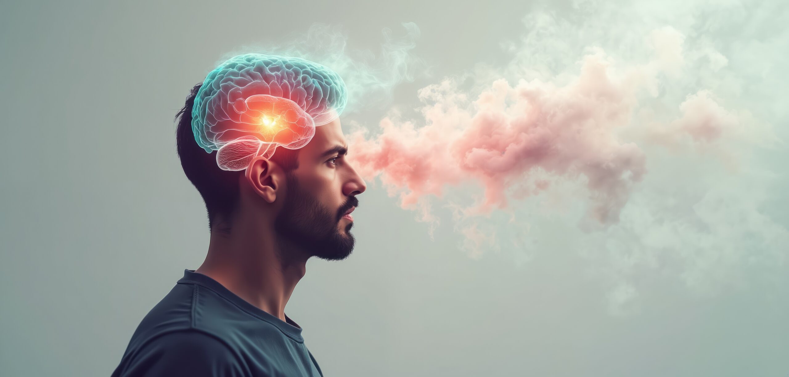 Man exhales pink smoke from brain with glowing spot. Illustration shows mental health issues like brain, fog fatigue anxiety after illness. Cognitive problems and stress.