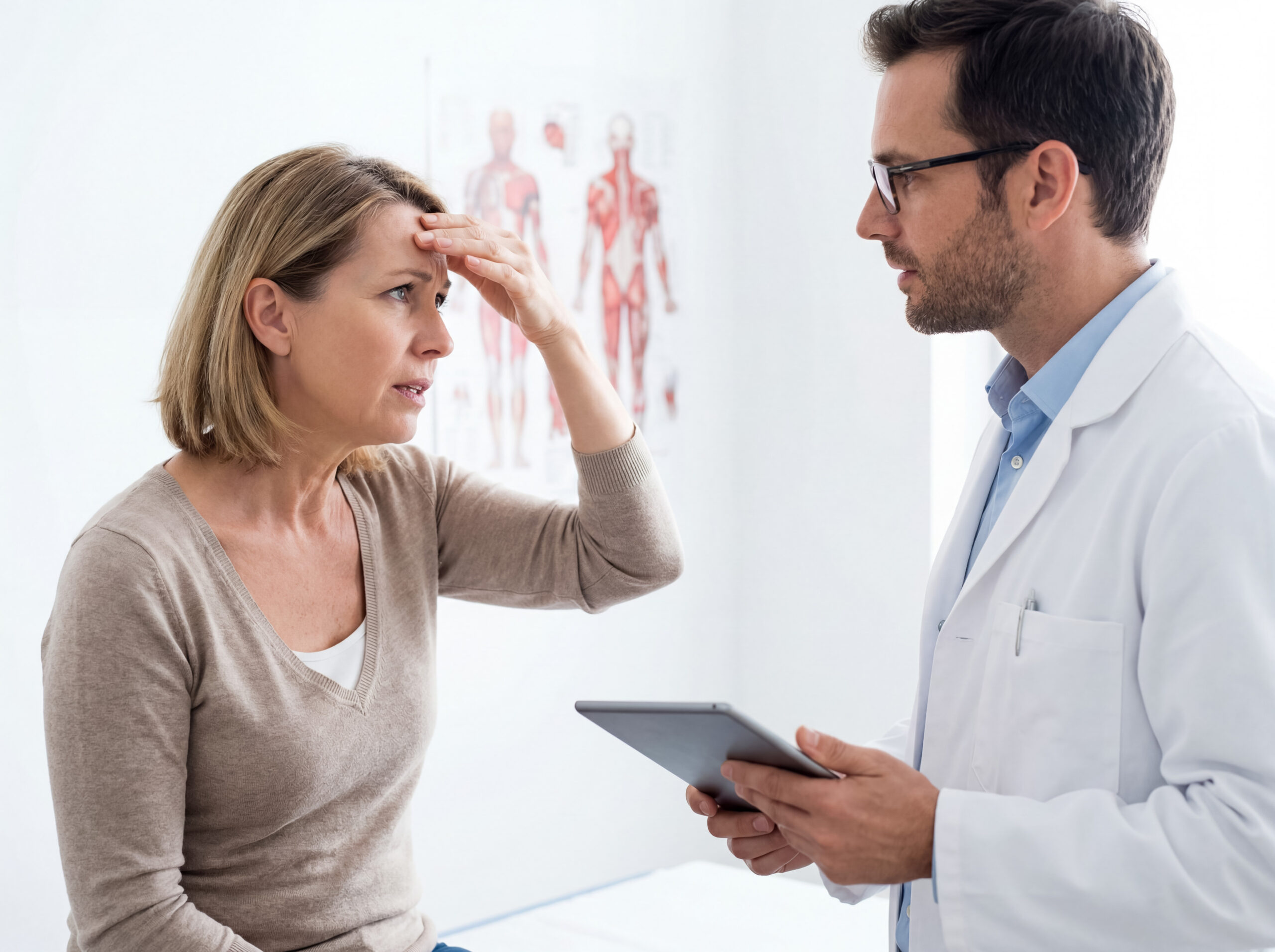 Patient feeling pain on forehead, discussing symptoms with doctor for a health diagnosis in a clinic office