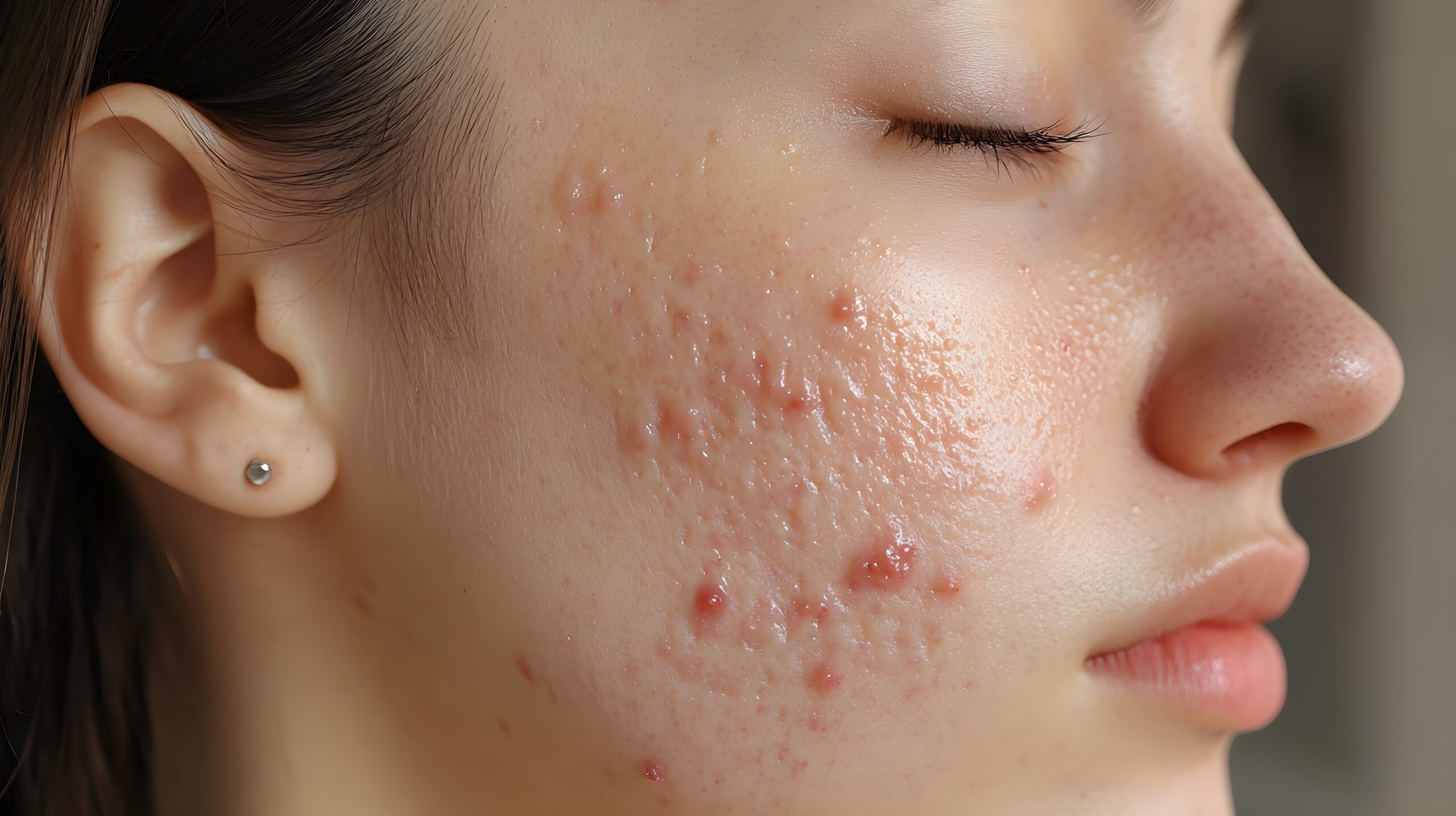Close-up of irritated skin with active acne, visible redness, and inflamed pores Healing process shows gradual improvement, smoothness, and reduced redness